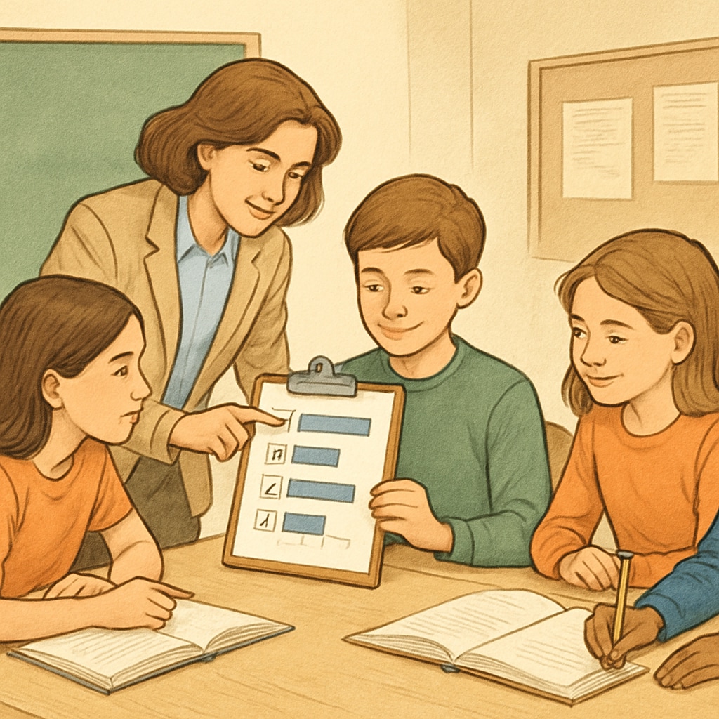 A teacher reviewing survey results with a group of students, emphasizing collaborative learning. Teacher and students discussing survey findings to improve learning strategies.