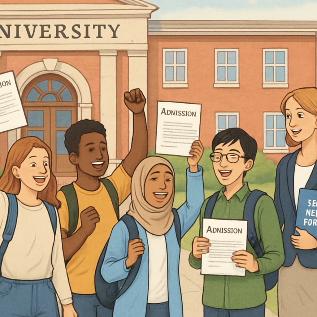 A group of international students celebrating their admission to a US university, highlighting the success of using a study abroad agency. International students admitted to US master's programs celebrating.