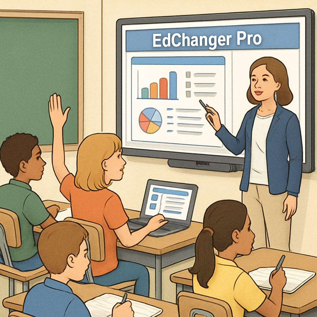 Students actively participating in a classroom activity guided by EdChanger Pro on an interactive whiteboard. Students engaging in a collaborative activity using EdChanger Pro on a whiteboard.