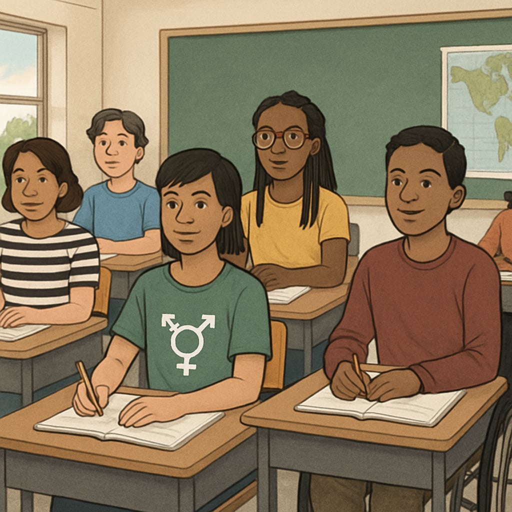 Students in a diverse classroom setting, highlighting inclusivity and gender identity representation. Classroom with diverse students and emphasis on gender inclusivity.