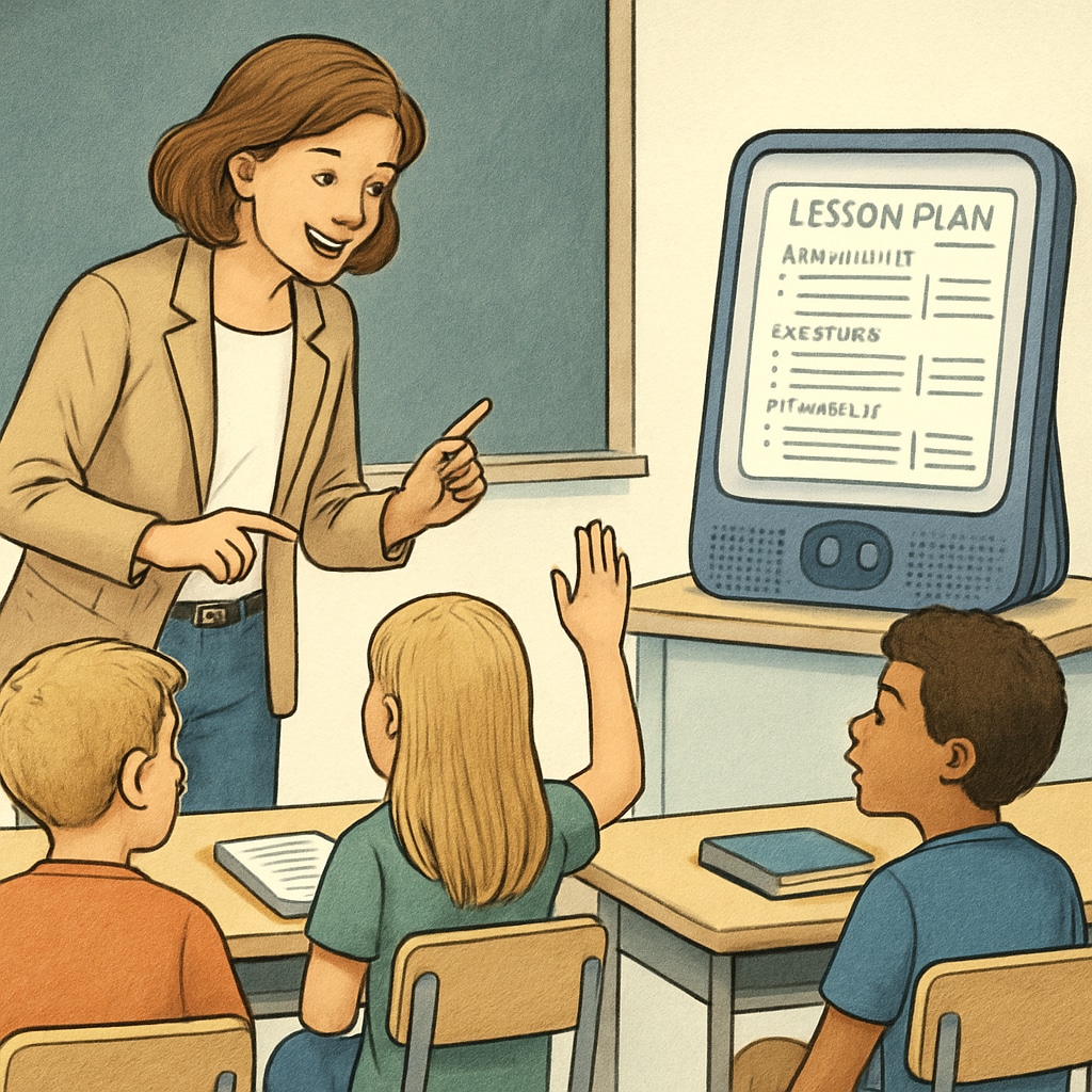 A teacher in a classroom setting engaging with students, while an AI-powered device displays lesson plans in the background. Teacher using AI tools to assist in classroom teaching, representing AI, teacher value, and education technology.