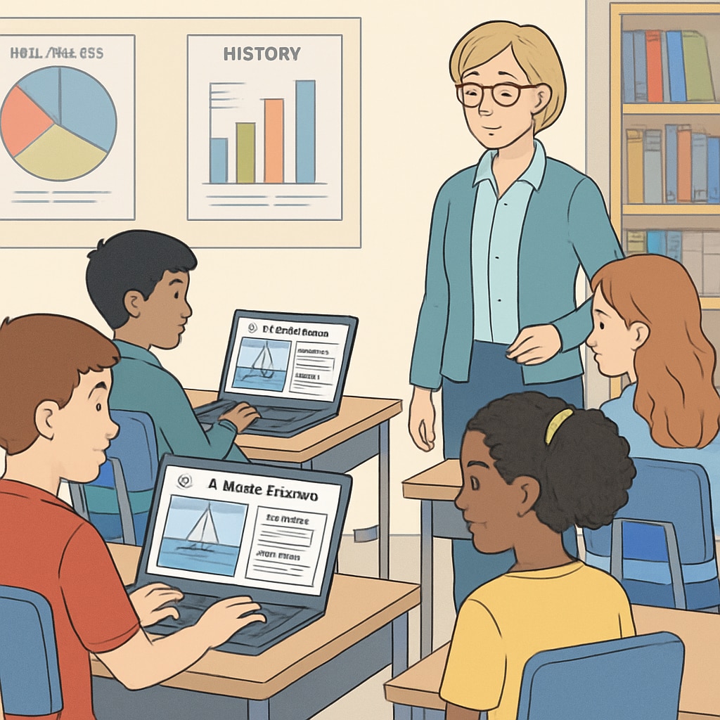 A classroom with students using laptops to engage in media analysis guided by AI tools. Students learning media literacy using AI tools in a classroom setting.