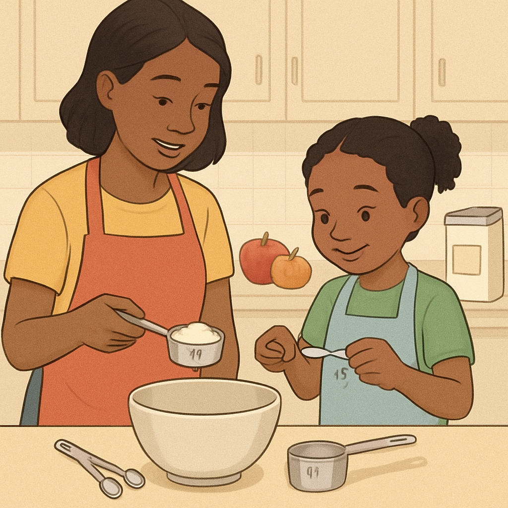 A parent and child measuring ingredients while cooking, illustrating math application in everyday life. Parent and child using math to measure ingredients for cooking.