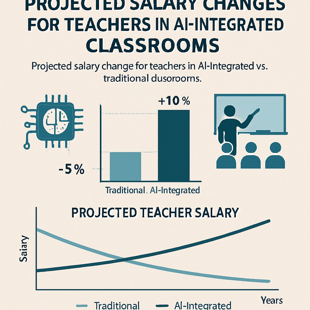An infographic showing the projected salary changes for teachers in AI-integrated classrooms compared to traditional settings. Infographic depicting AI’s impact on teacher salaries and its role in education.