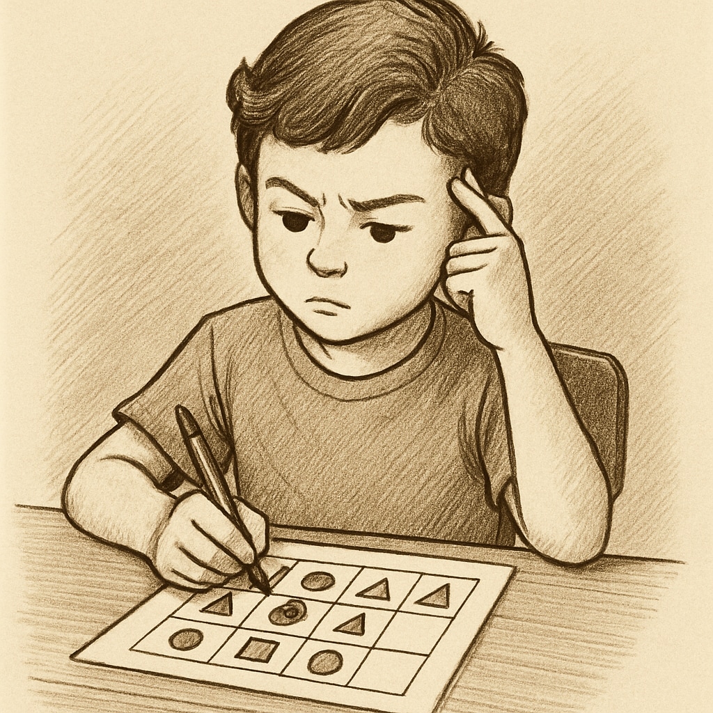 A child working on a puzzle at a desk, emphasizing critical thinking and logical reasoning. Child solving a puzzle to develop logical thinking and problem-solving skills.