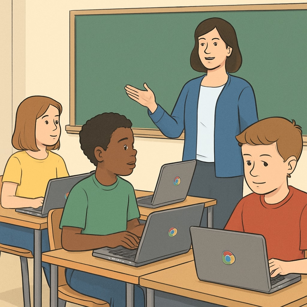 Students working on Chromebooks in a classroom, representing EdTech's role in education.