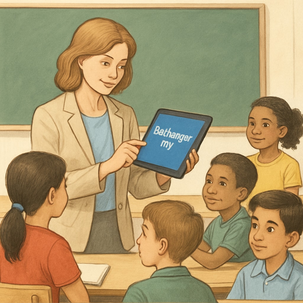 A teacher using a tablet with EdChanger Pro in a classroom setting, surrounded by engaged students. Teacher using EdChanger Pro to manage classroom activities.