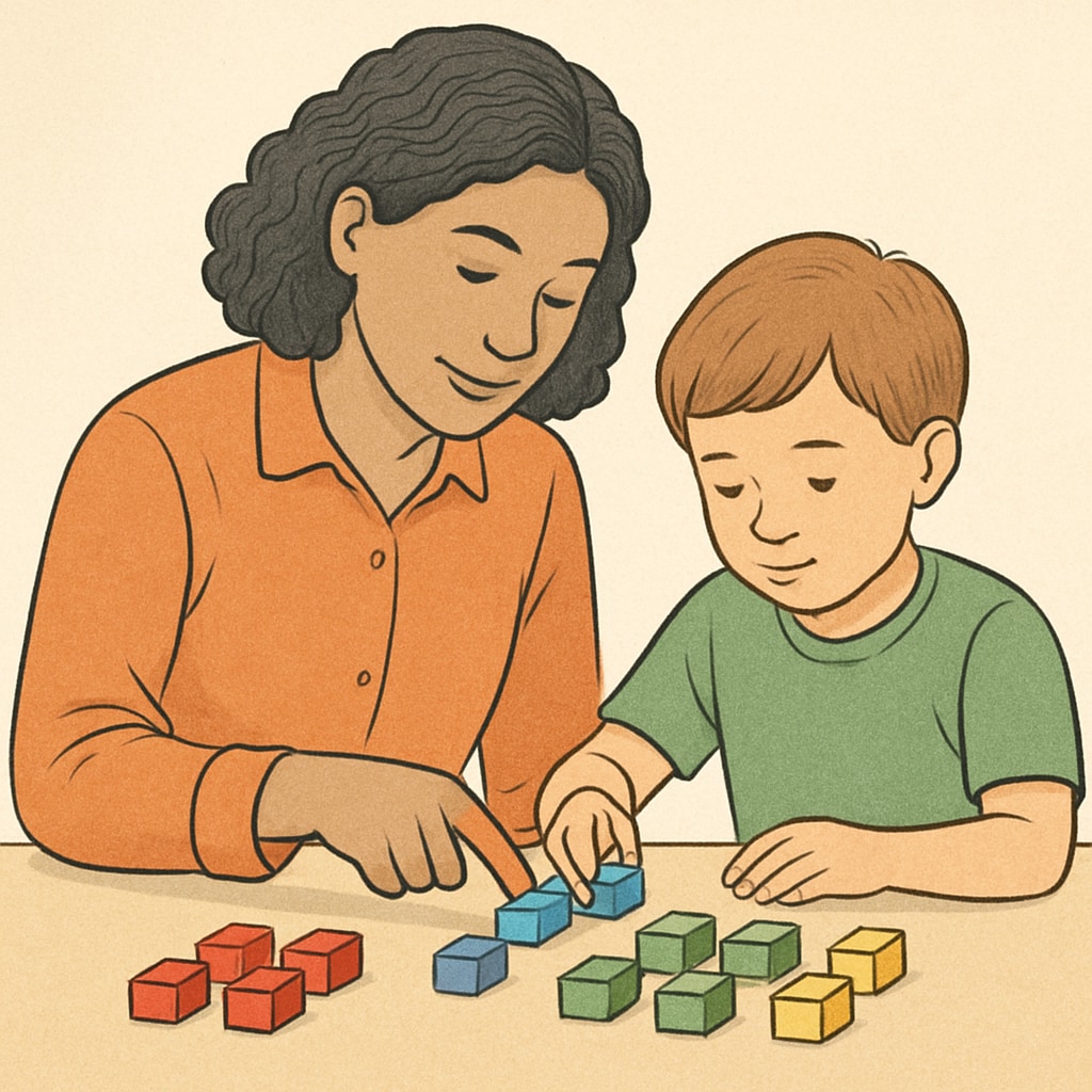 A parent working with a child on an organizational task, such as sorting colored blocks, illustrating executive function support. Parent assisting child with executive function skills through hands-on activity.