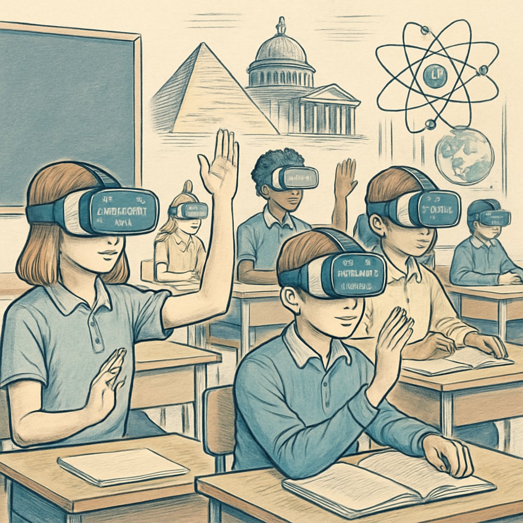 Students wearing VR headsets in a classroom, using EdChanger Pro to explore historical landmarks or scientific concepts. Students engaging with VR tools powered by EdChanger Pro.