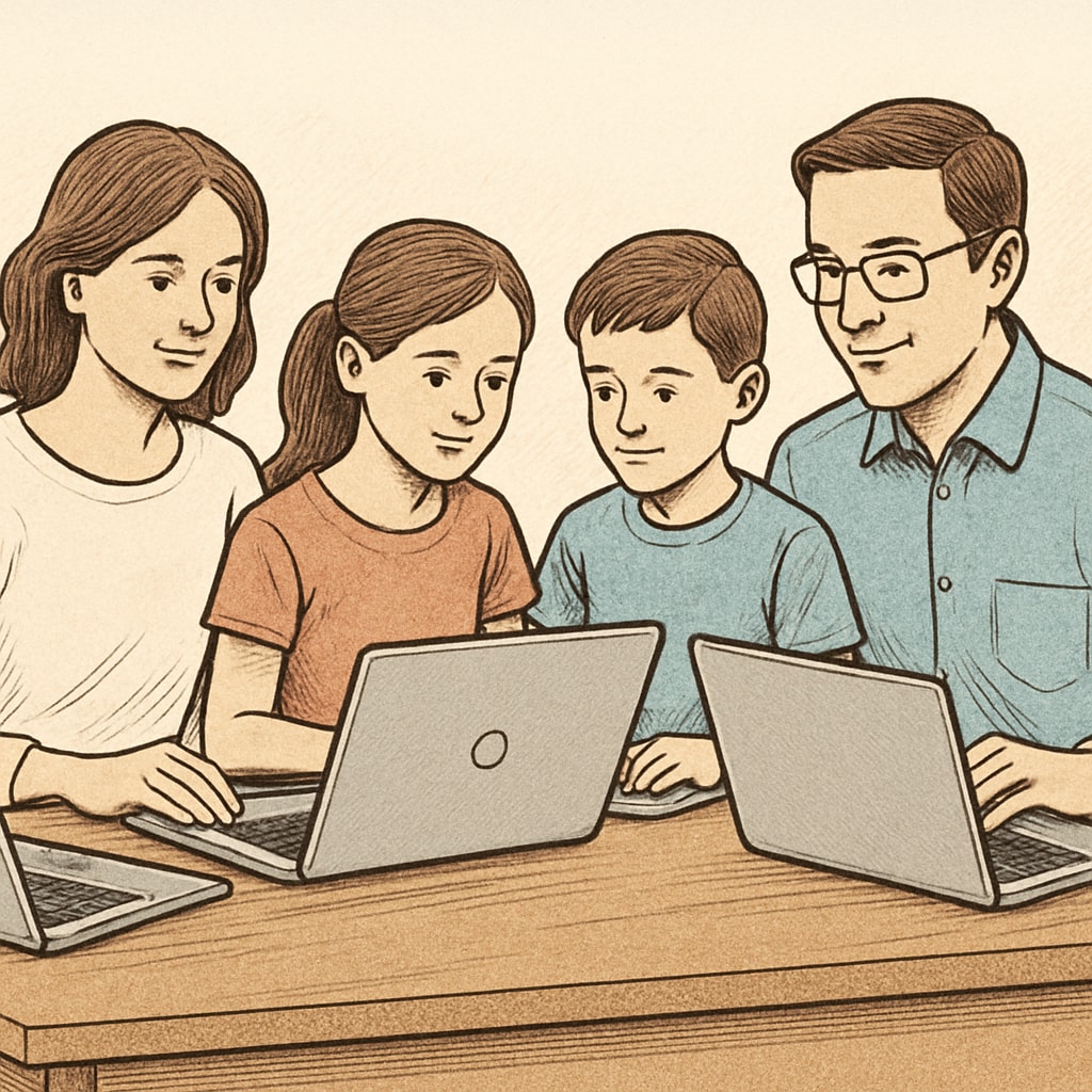 A family sitting at a table with laptops, engaging in online learning together. The image highlights the concept of flexibility and family involvement in education. Family learning together using laptops, illustrating public online schools' flexibility.