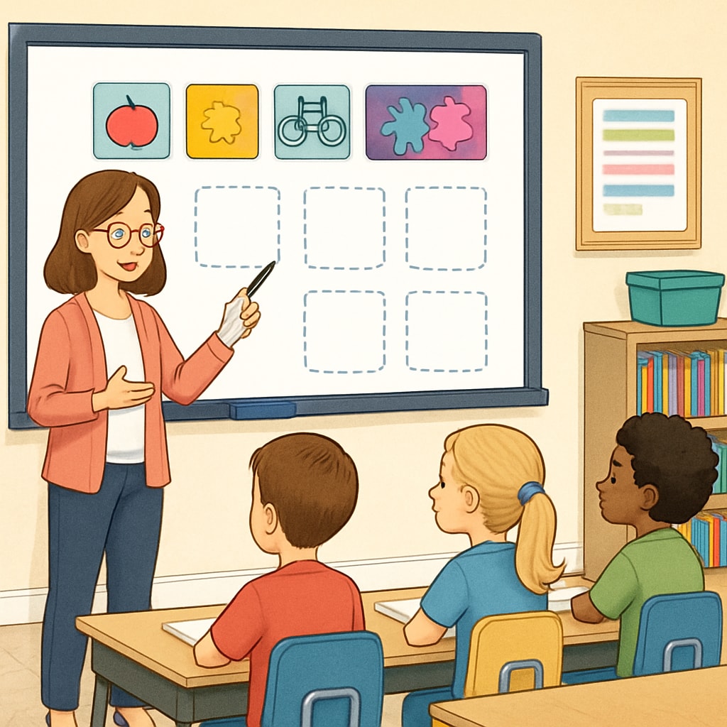 A teacher guiding students through a Zoom/REZoom activity on a smartboard in a classroom setting. Teacher explaining Zoom/REZoom classroom activity to students without an answer key.