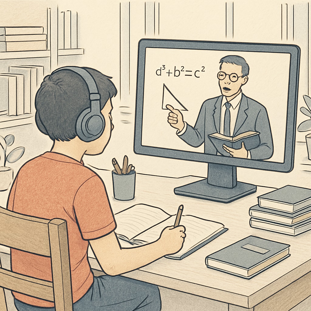 A student participating in an online class from home, with a teacher visible on the screen. This image connects to the idea of accessibility and personalized learning. Student in an online class, showcasing accessibility and modern education tools.