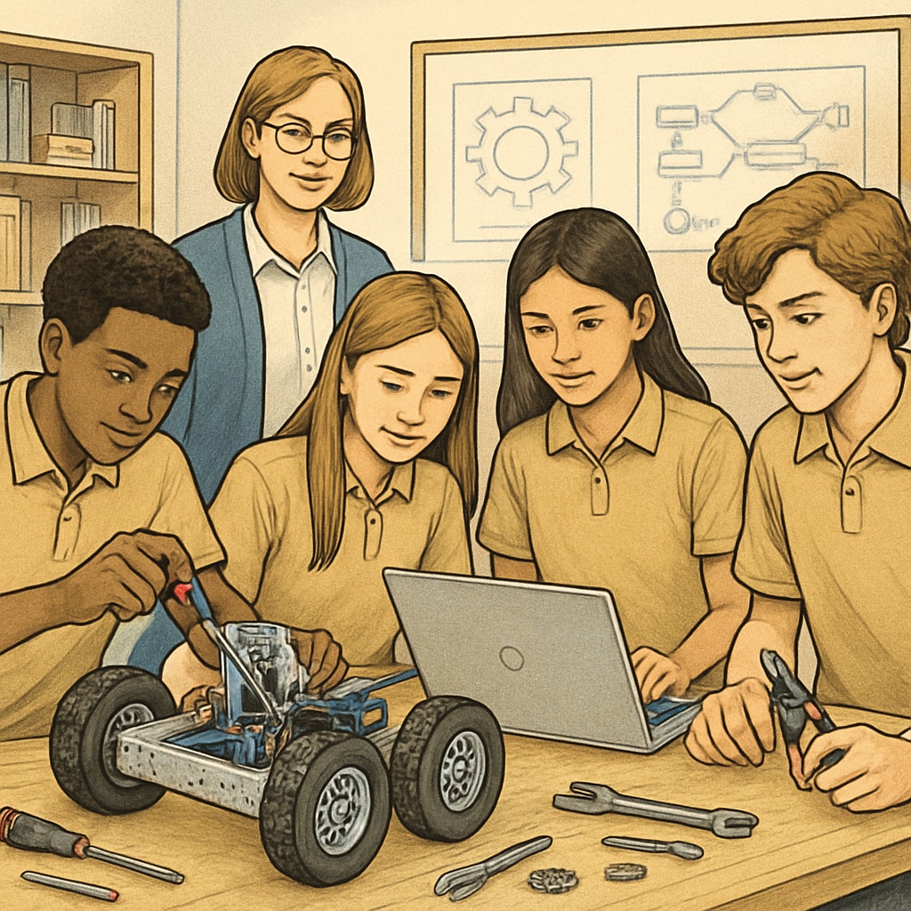 High school students working on robotics to explore design engineering concepts.