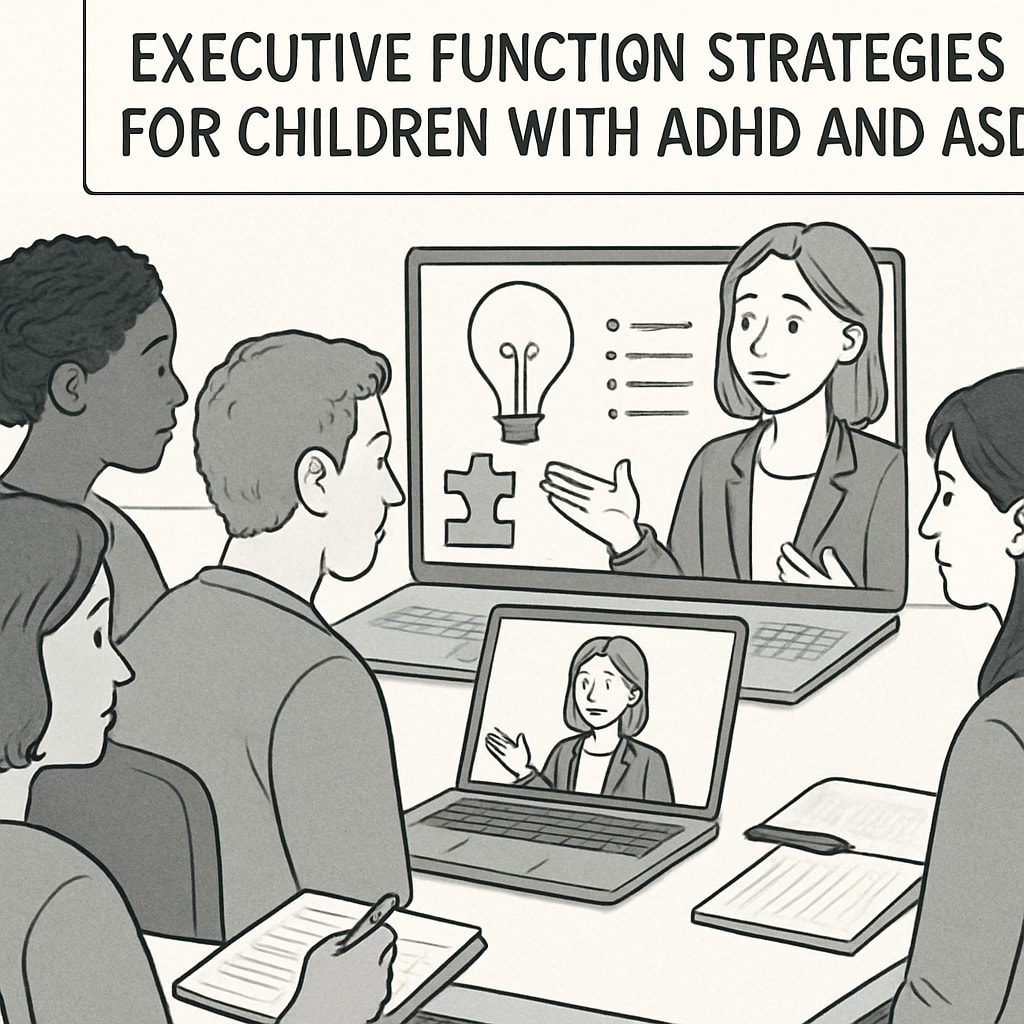 A group of parents attentively listening to an online summit discussion about executive function strategies for children with ADHD and ASD. Parents learning executive function strategies at an online summit.