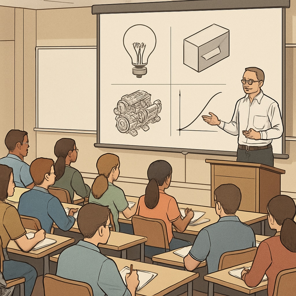 Engineering students attending a lecture on master's degree options and career development.