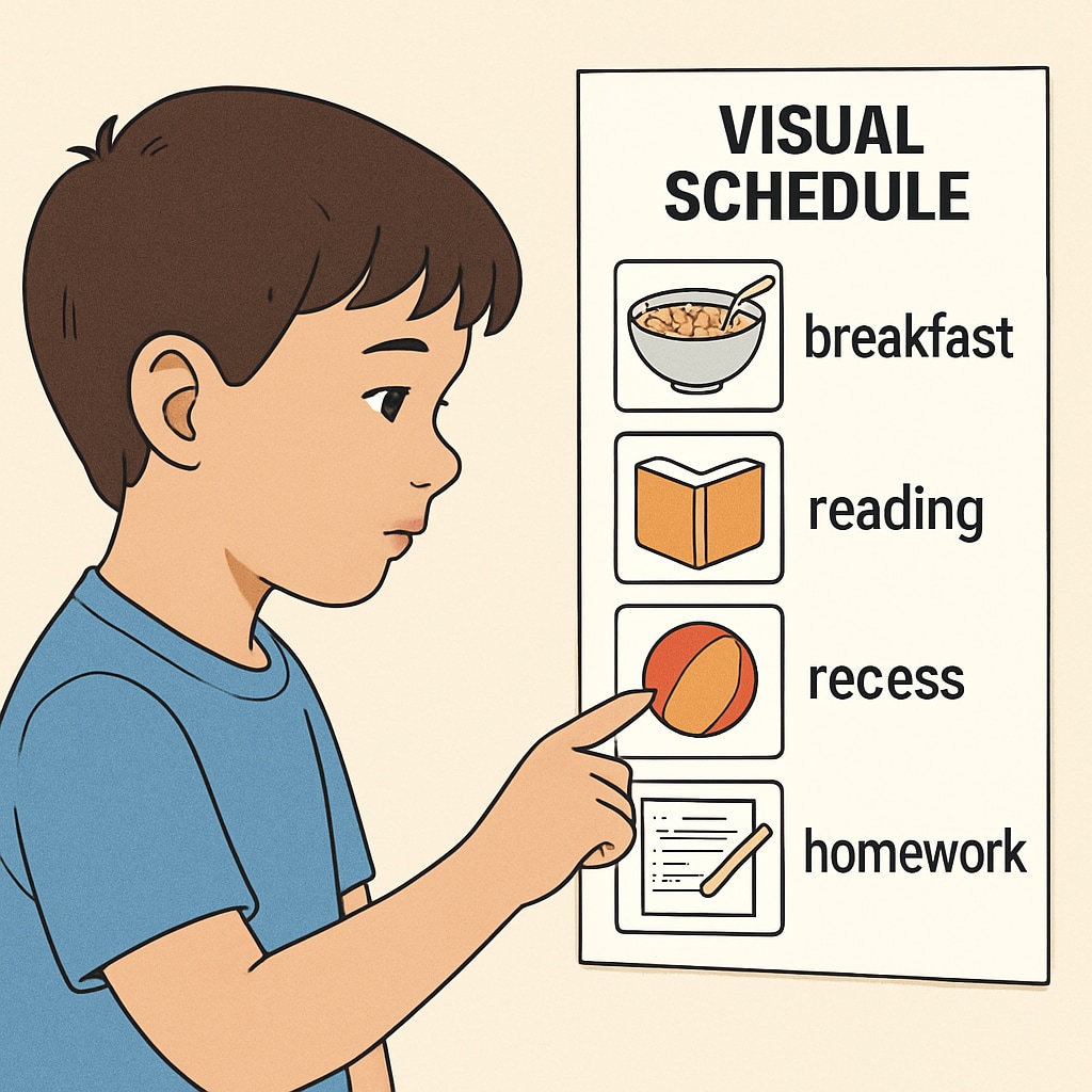 A close-up of a child with ASD using a visual schedule to organize their daily tasks. Child using a visual schedule for executive function support.