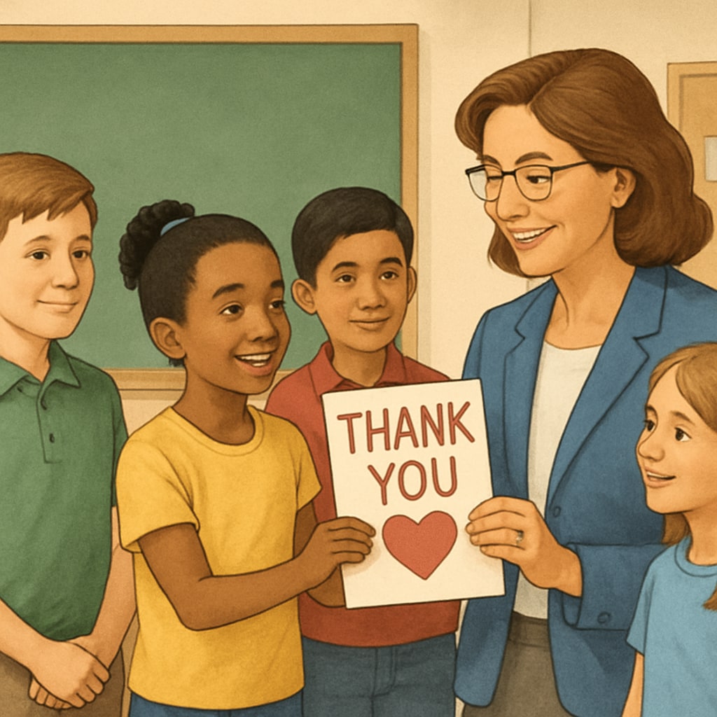 Students expressing gratitude to their teacher with a thank-you card.