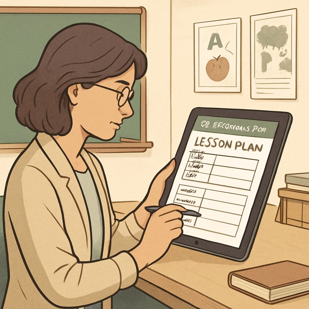 A teacher using EdChanger Pro on a tablet to create a lesson plan, illustrating how technology simplifies preparation tasks. Teacher using EdChanger Pro for lesson planning.