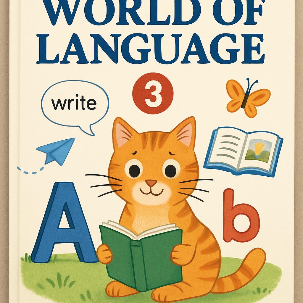 A nostalgic illustration of the World of Language third-grade textbook with the cat cover, showcasing its playful design and educational purpose. World of Language third-grade textbook with the cat cover, a popular elementary language teaching resource.