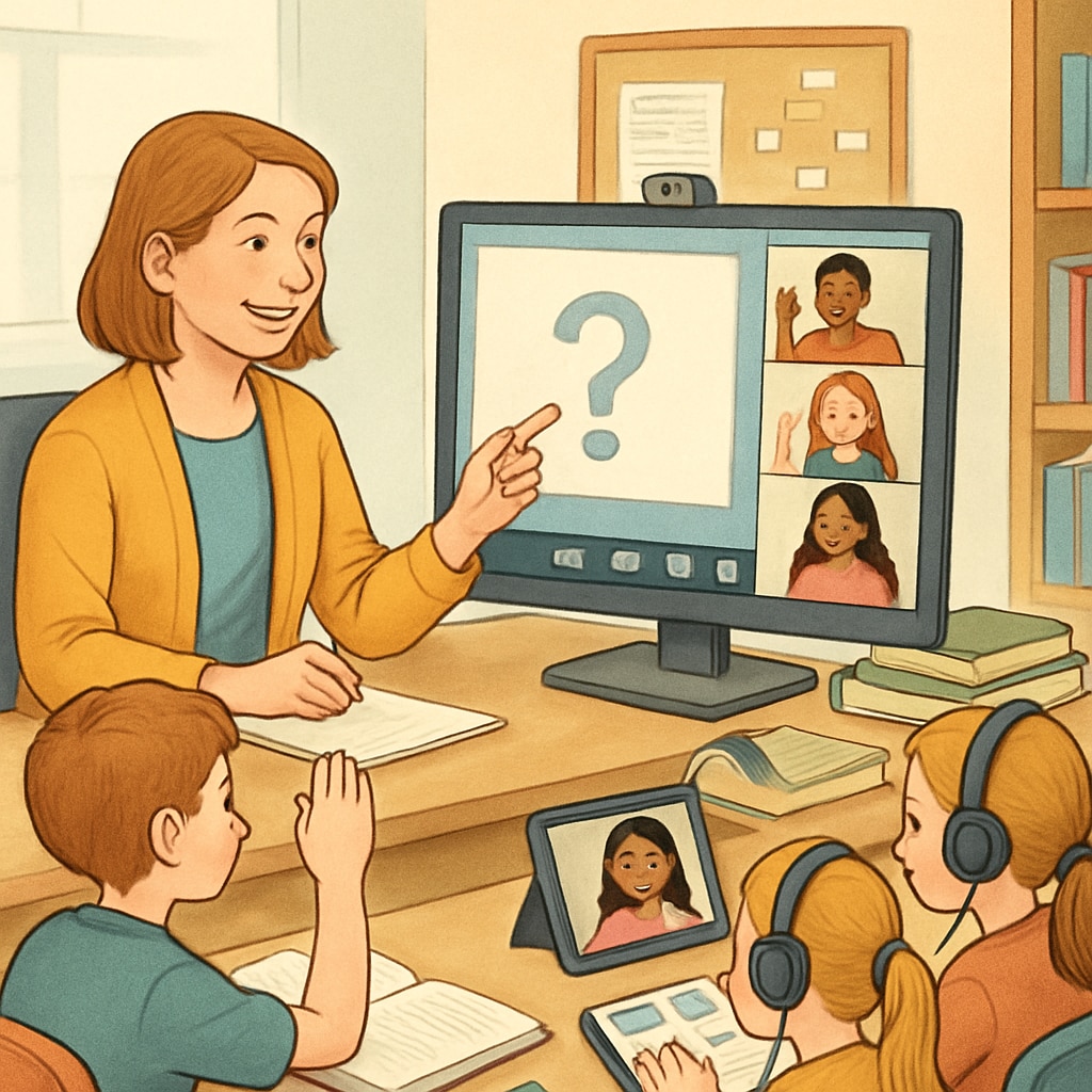 A teacher conducting an interactive REZoom activity with students via Zoom, showcasing collaborative learning in a virtual classroom. Teacher using Zoom and REZoom for an interactive teaching session.