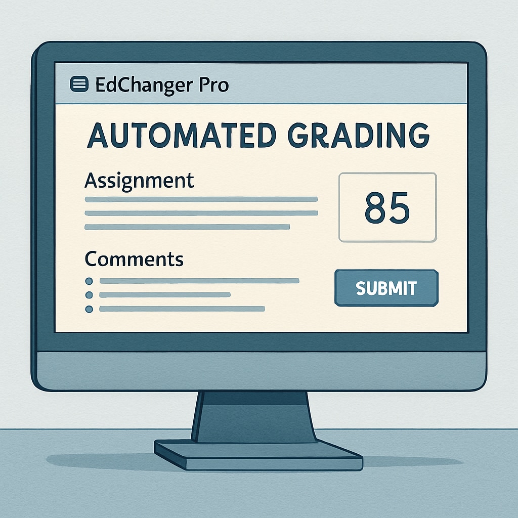 A computer screen displaying EdChanger Pro's automated grading interface, showcasing its ability to evaluate assignments efficiently. EdChanger Pro automated grading interface.