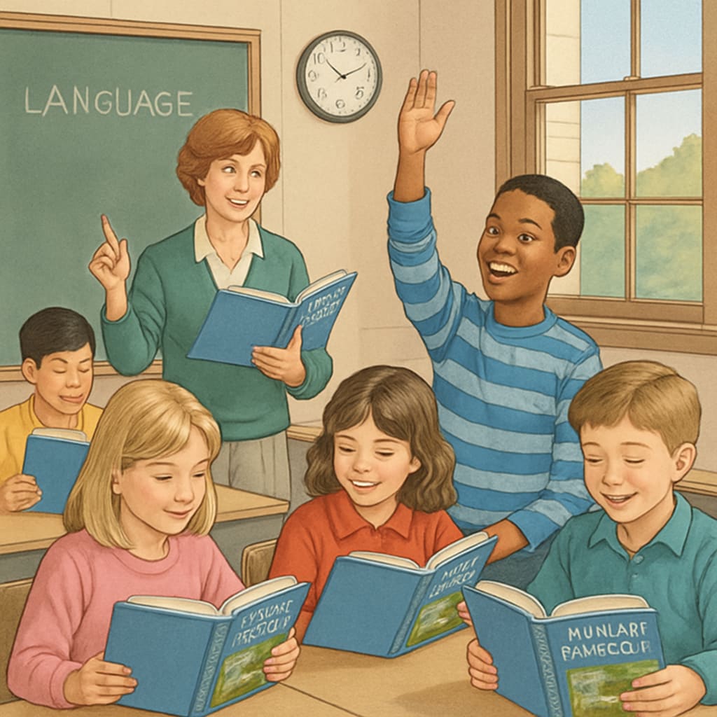 A classroom scene from the 1990s featuring students actively engaging with Students using World of Language textbooks in a 1990s classroom setting, emphasizing the resource's practical application.