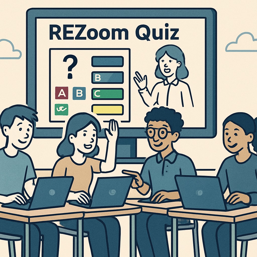Students engaging in a collaborative REZoom quiz activity on their laptops, illustrating active participation in a virtual learning environment. Students participating in REZoom quiz activity via Zoom.