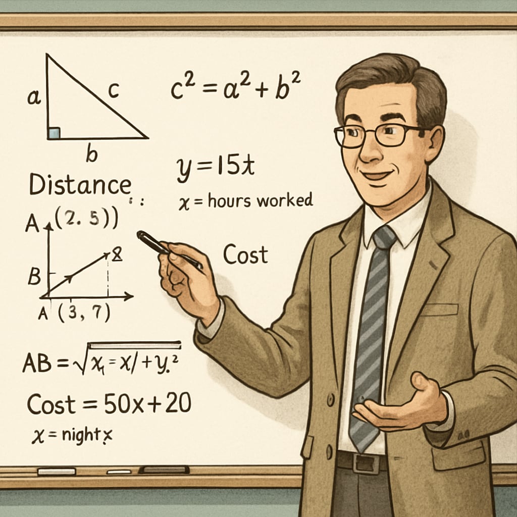 A teacher explaining mathematical formulas with real-world examples on a classroom whiteboard. Teacher demonstrating real-world applications of mathematics to students.