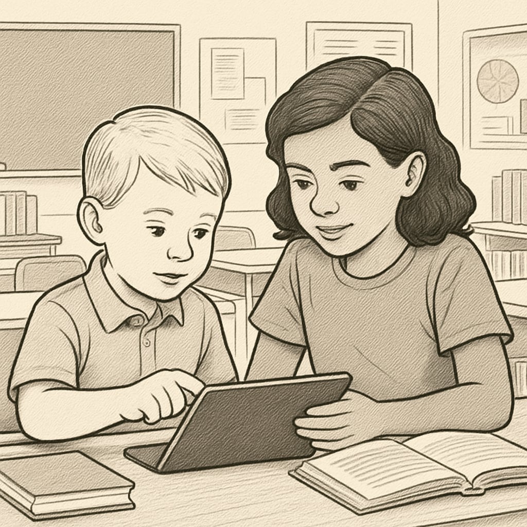 Two children—one kindergartener and one fourth-grader—working together on a tablet in a classroom setting. Kindergarten buddy program showing a fourth-grader helping a younger peer with a digital activity.