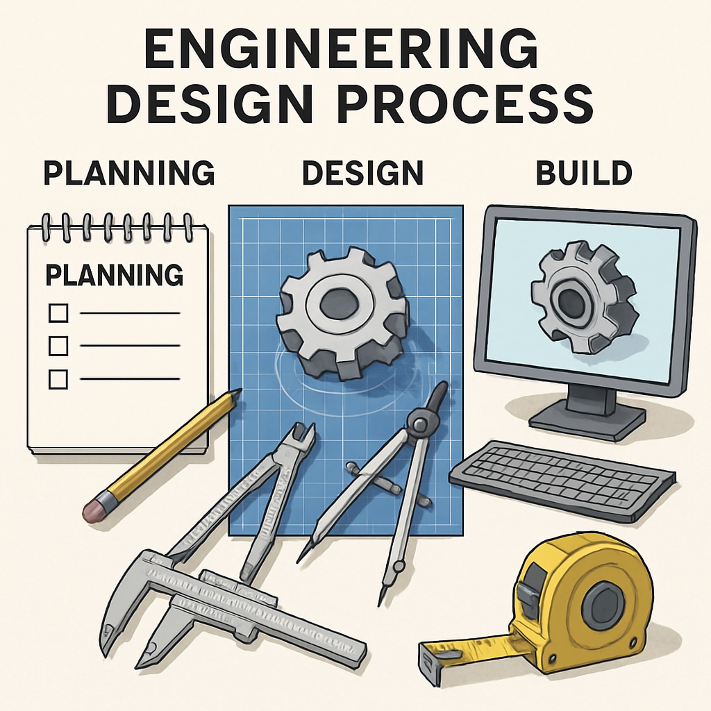 A conceptual engineering design process showing tools, blueprints, and a computer model, symbolizing the practical and professional aspect of design engineering. Conceptual engineering design process for design engineering degrees like MEng and MSc.