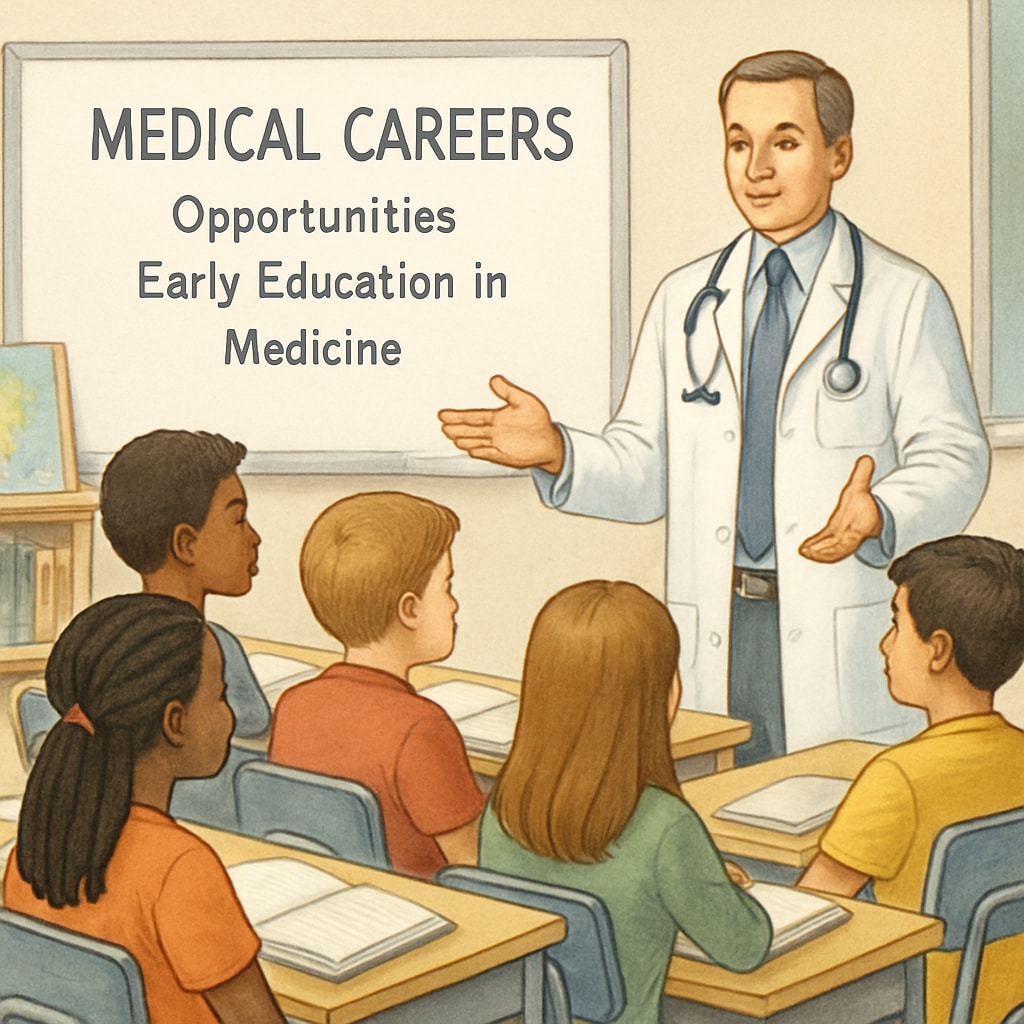 A group of K12 students engaging in a career discussion with a physician, showcasing early medical education opportunities. K12 students discussing career paths with a physician to explore medical professions.