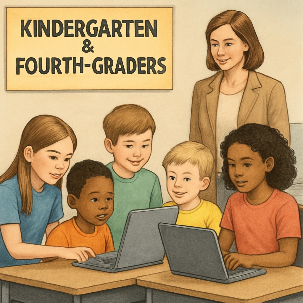A group of kindergarteners and fourth-graders collaboratively coding on computers, with a teacher overseeing their progress. Cross-age collaboration in a kindergarten buddy program with computer-based activities.