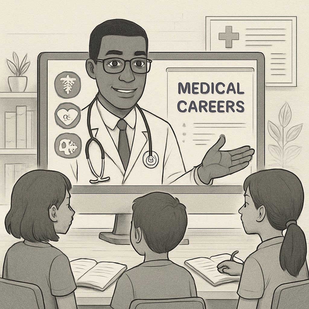 A virtual meeting featuring a physician and K12 students discussing different medical career paths and opportunities. Virtual career exploration with a physician discussing medical professions with students.