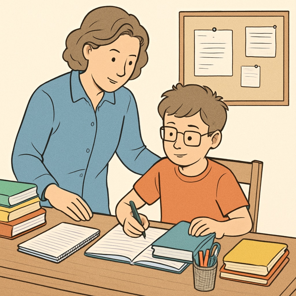 A parent helping a child with ADHD organize their schoolwork at a study desk. Parent guiding a child with executive function challenges to organize schoolwork.