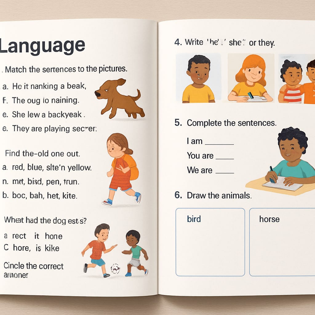 A vintage elementary school language textbook with colorful illustrations and engaging exercises, showcasing its timeless appeal.