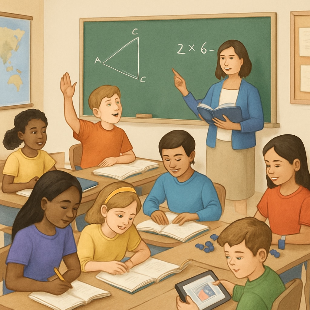 A classroom with students engaged in different learning activities, representing diverse K12 learning methods. Students participating in various learning methods in a K12 classroom.