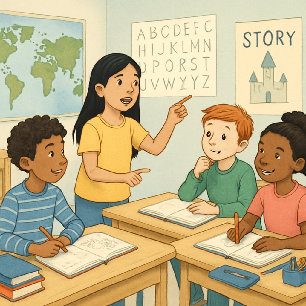 A modern classroom setting where students collaborate on storytelling activities, representing human-centered language learning. Students engaged in collaborative storytelling activities in a modern classroom.