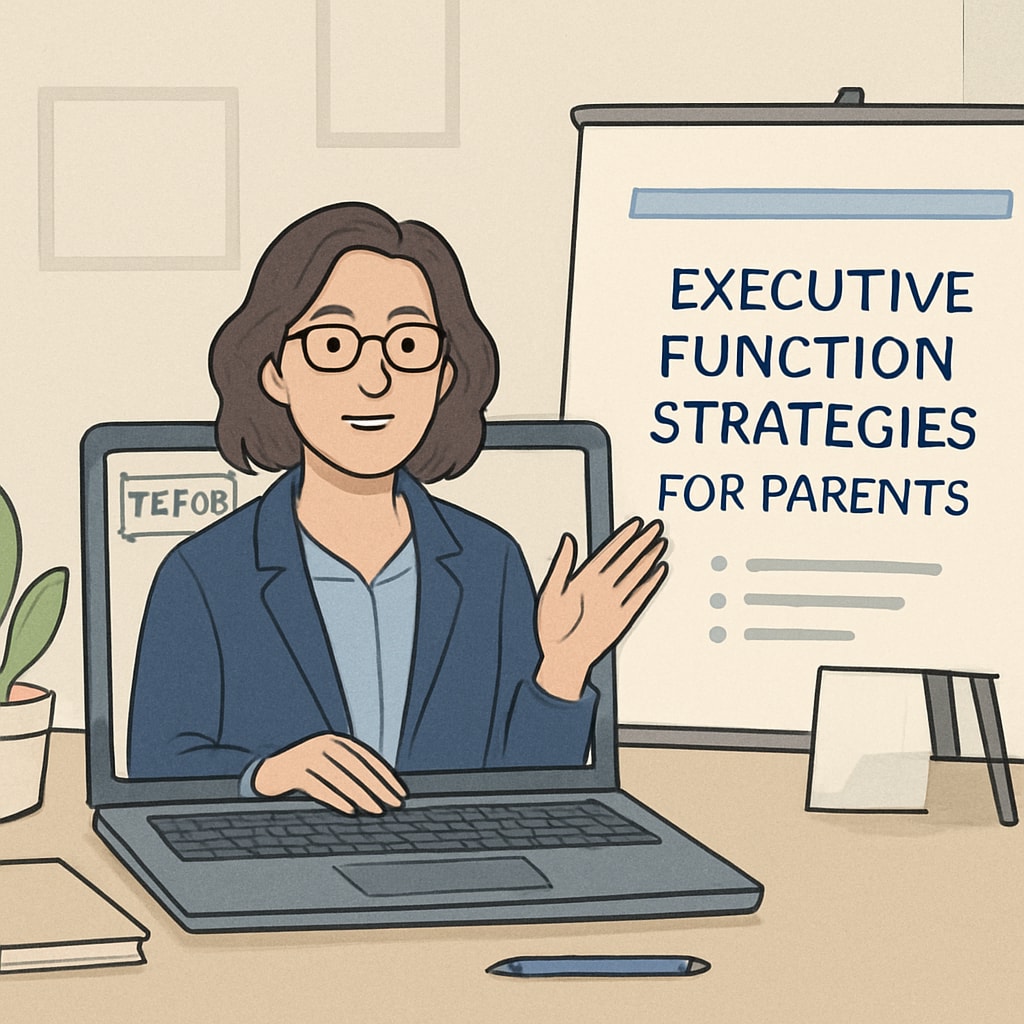 A TEFOS expert speaking during an online session about executive function strategies for parents. Expert discussing executive function strategies during the TEFOS summit.