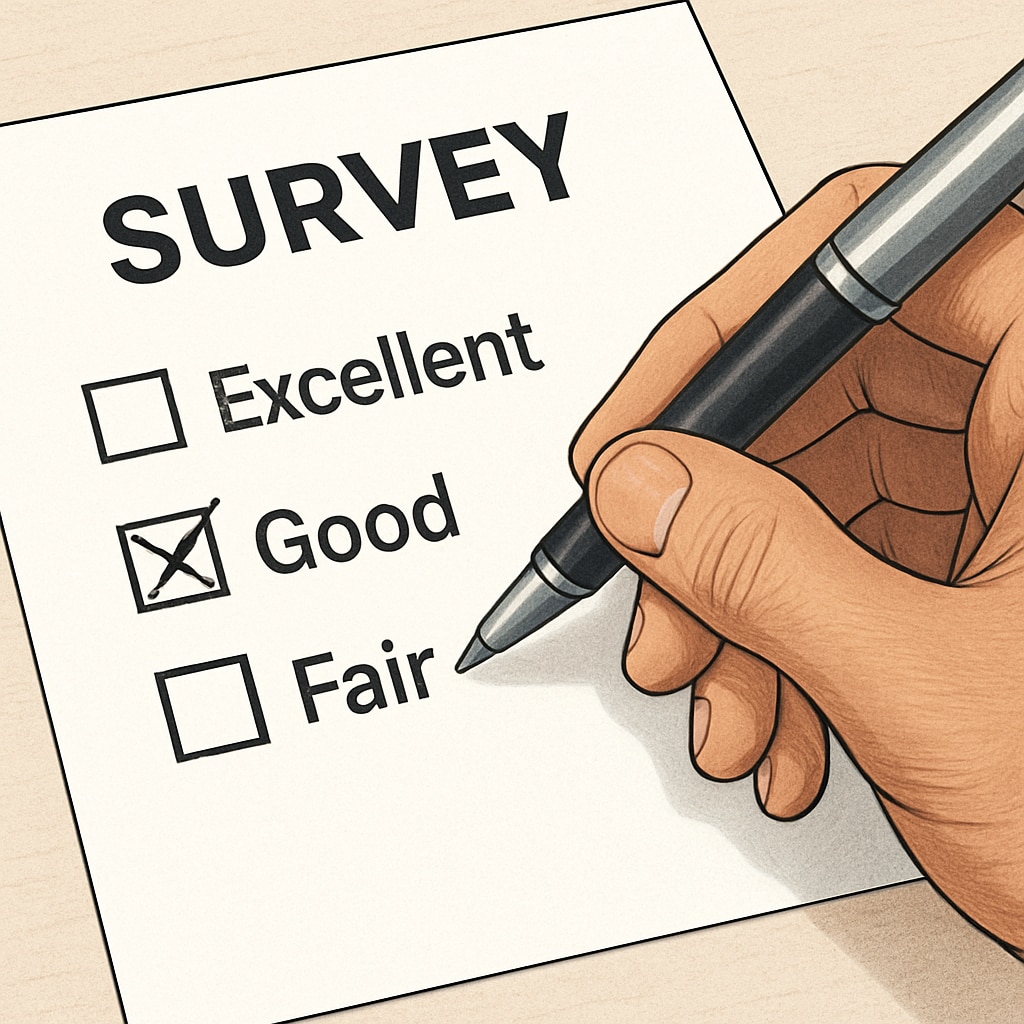 A close-up of a survey form being filled out, symbolizing active participation in research. A person filling out a survey form about K12 learning methods.