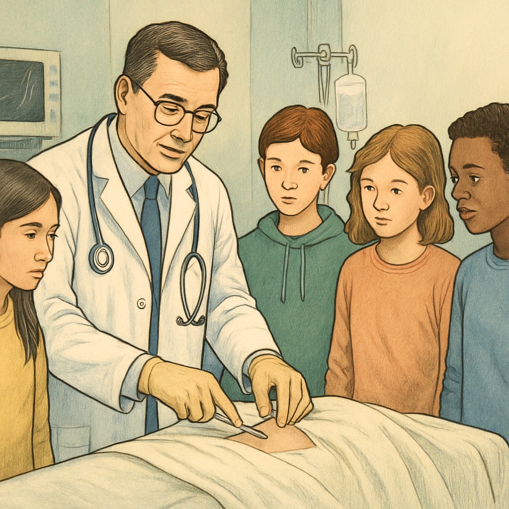 Students shadowing a doctor in a hospital setting during a career exploration program.