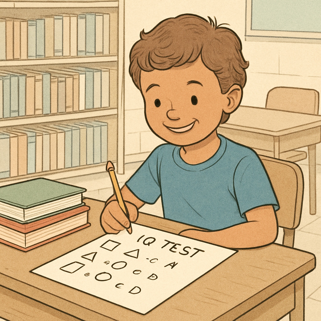 A smiling young child taking an IQ test in a classroom setting, surrounded by books and a calm environment. Gifted child taking an IQ test in a classroom.