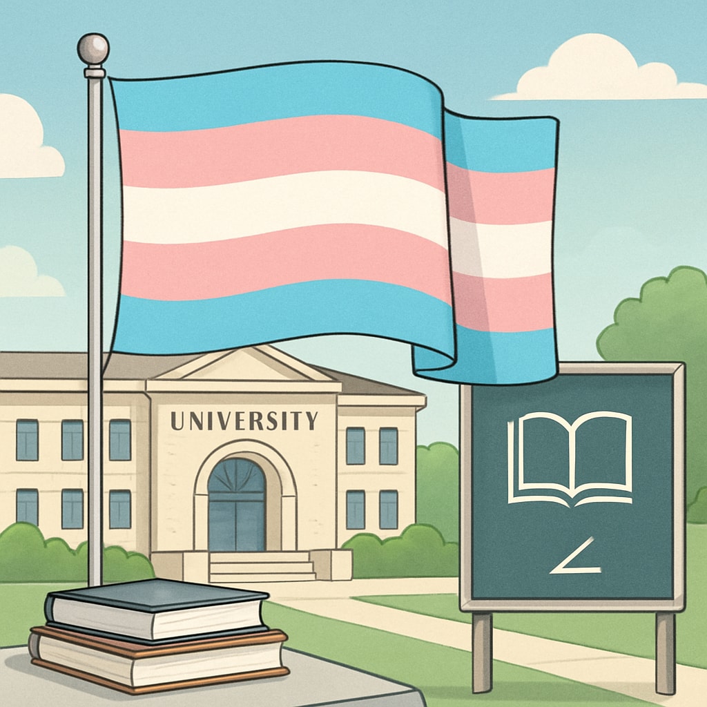 Transgender pride flag in a university setting advocating for inclusivity.
