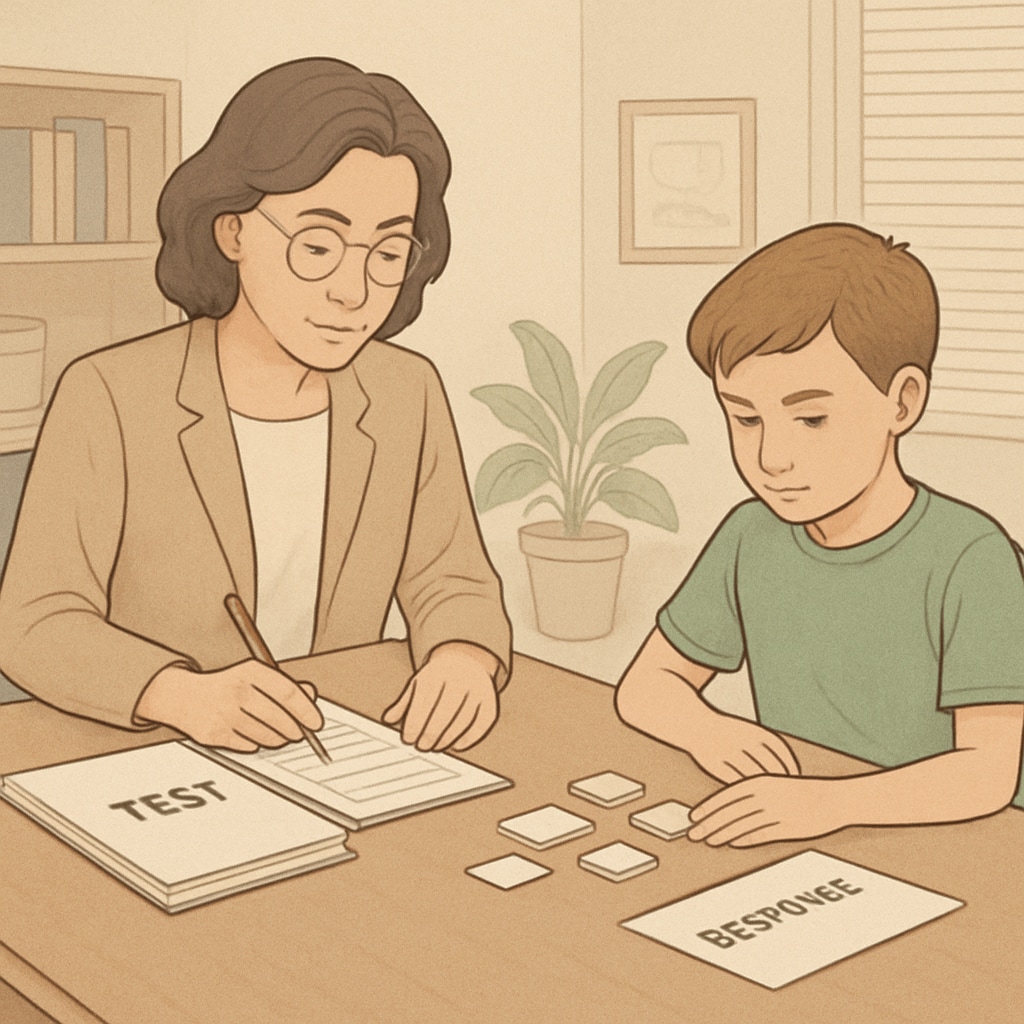 A psychologist conducting an individual IQ test with a young student in a quiet office environment. Psychologist administering IQ test to a gifted child.