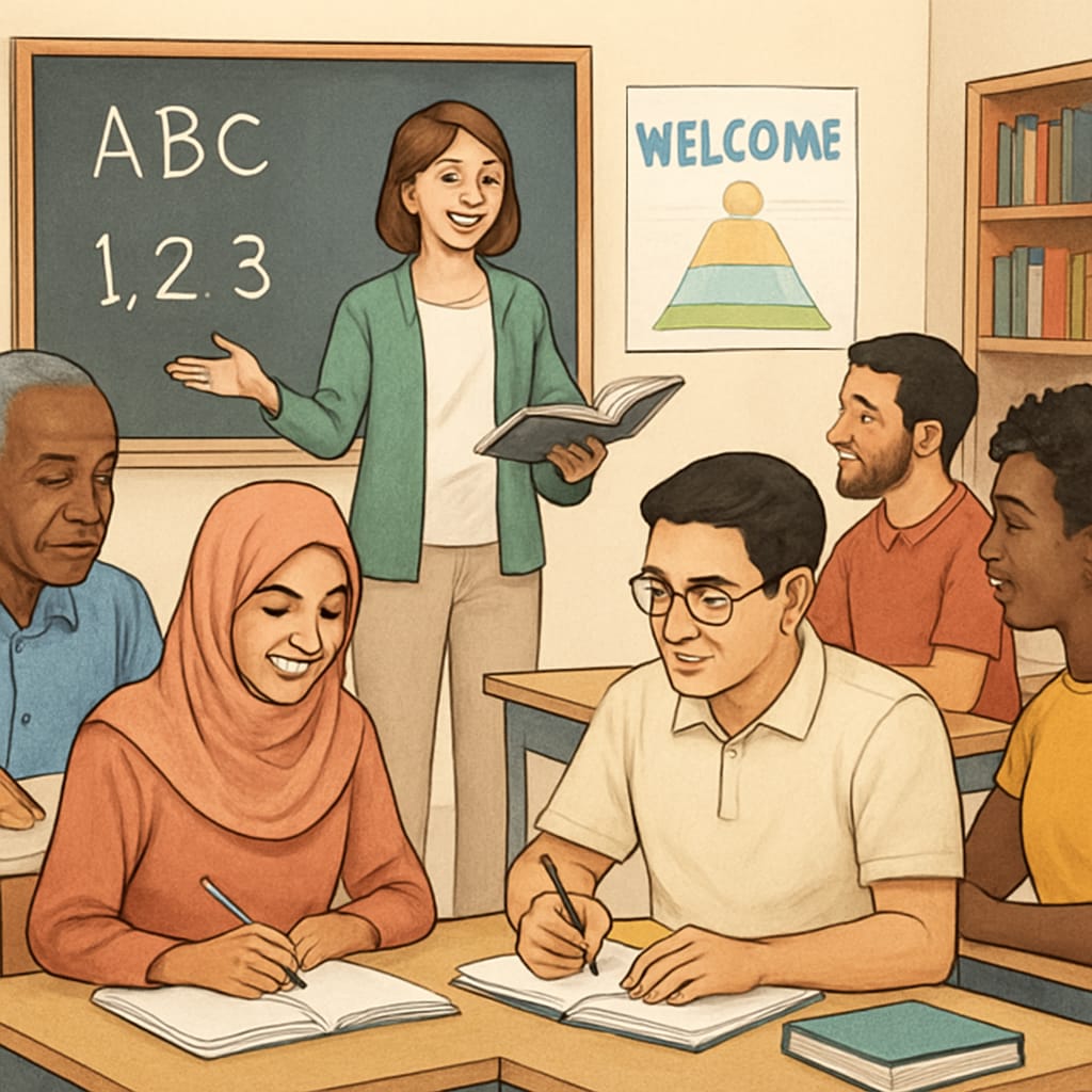 A diverse group of adults learning foundational subjects in a classroom setting in New York City, emphasizing the importance of education for cultural integration. Adult learners in a classroom setting studying foundational subjects for cultural adaptation.