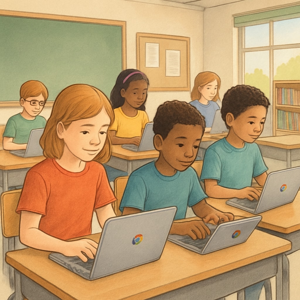 Students in a classroom working on Chromebooks, showcasing EdTech efficiency.