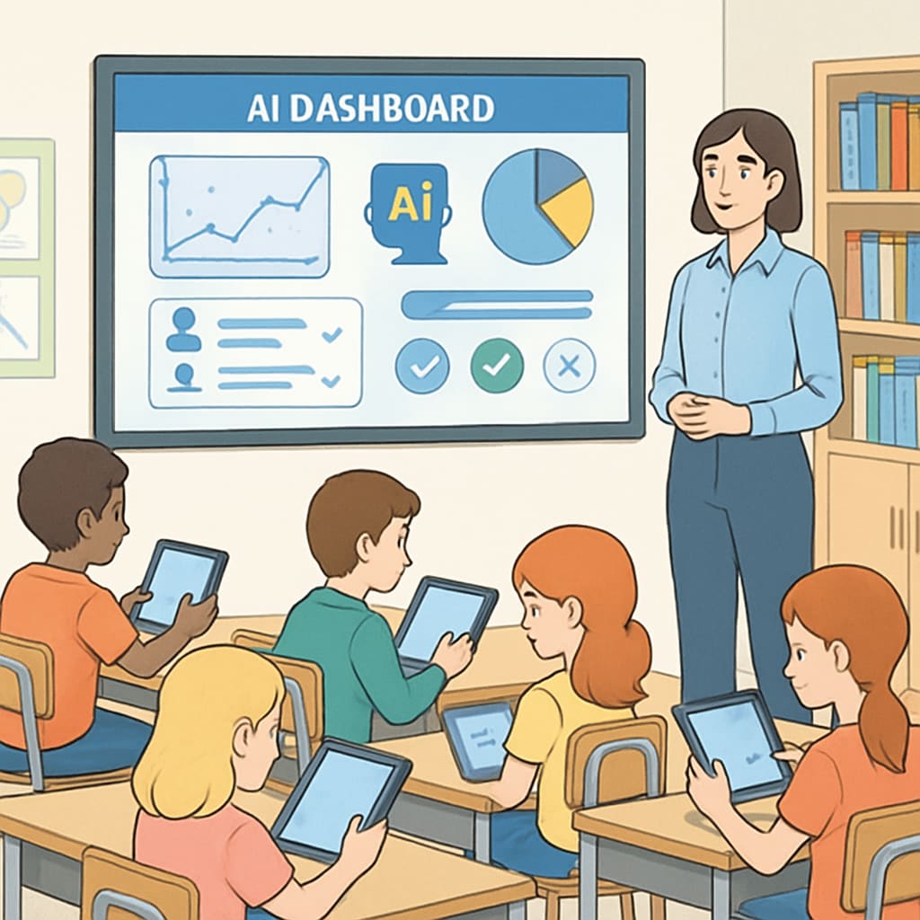 A classroom with students using tablets while a teacher monitors their progress through an AI-powered dashboard. Students in a classroom using AI tools for personalized learning, with a teacher supervising their progress.