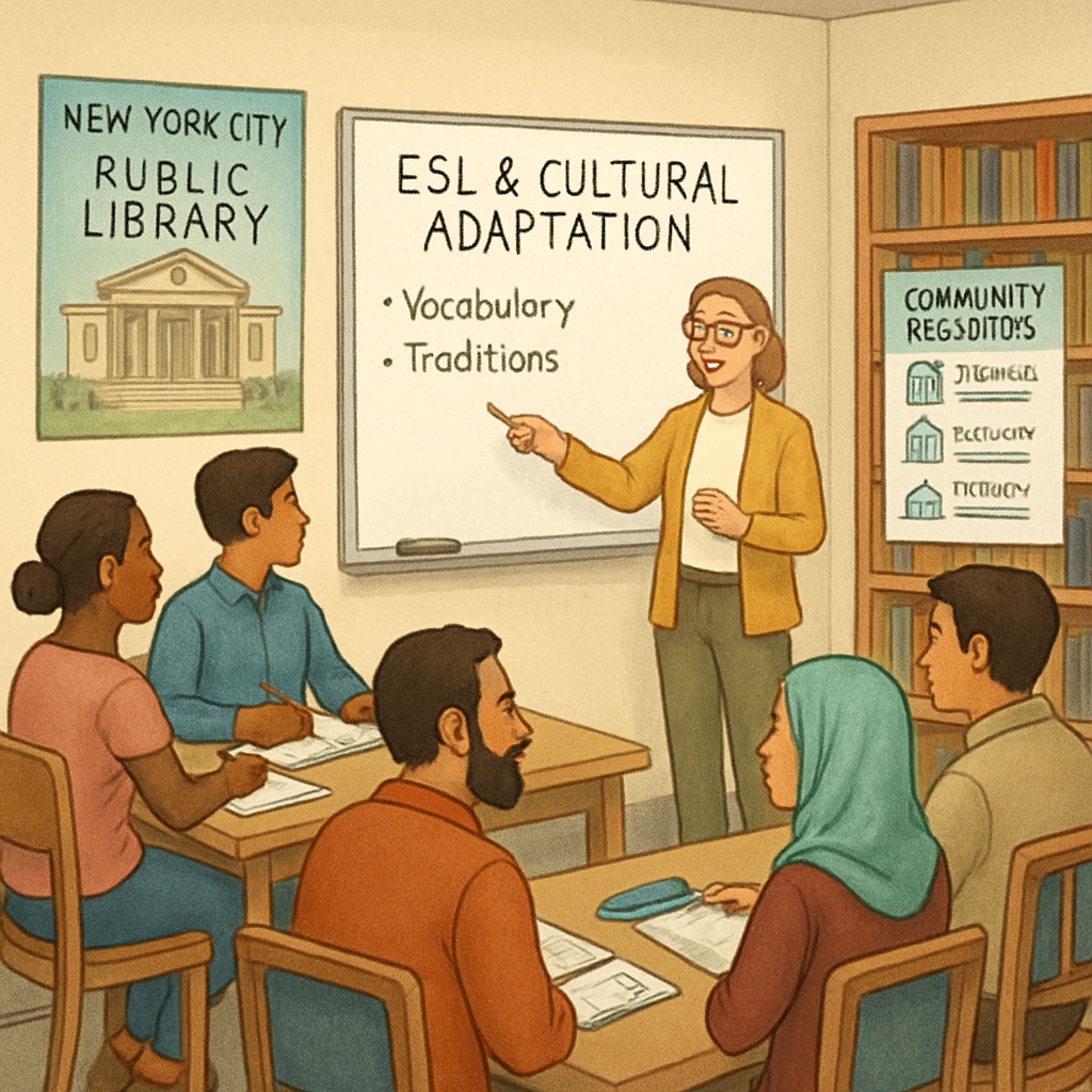 A public library in New York City hosting an ESL and cultural adaptation workshop for adult learners, showcasing community resources available to immigrants. NYC library workshop for adult immigrants focusing on ESL and cultural adaptation.