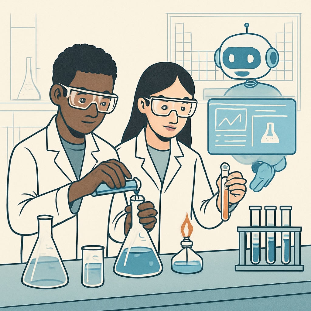 A virtual lab simulation showing students conducting a chemistry experiment with AI guidance. Virtual lab simulation for STEM learning, showcasing AI-driven experiments in a K-12 setting.