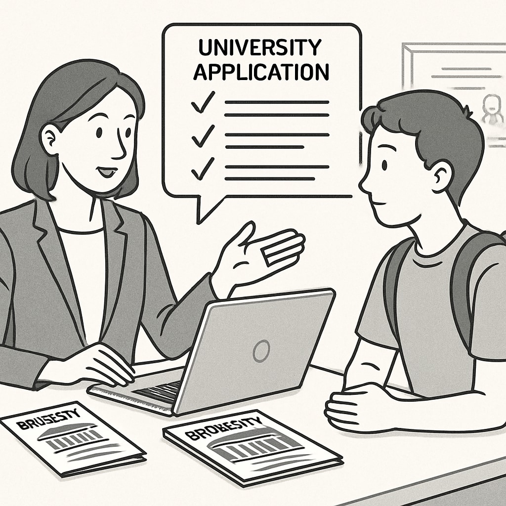 A consultant explaining university application details to a student with a laptop and brochures on the table. Study abroad agency consultant advising a student about US master’s applications.