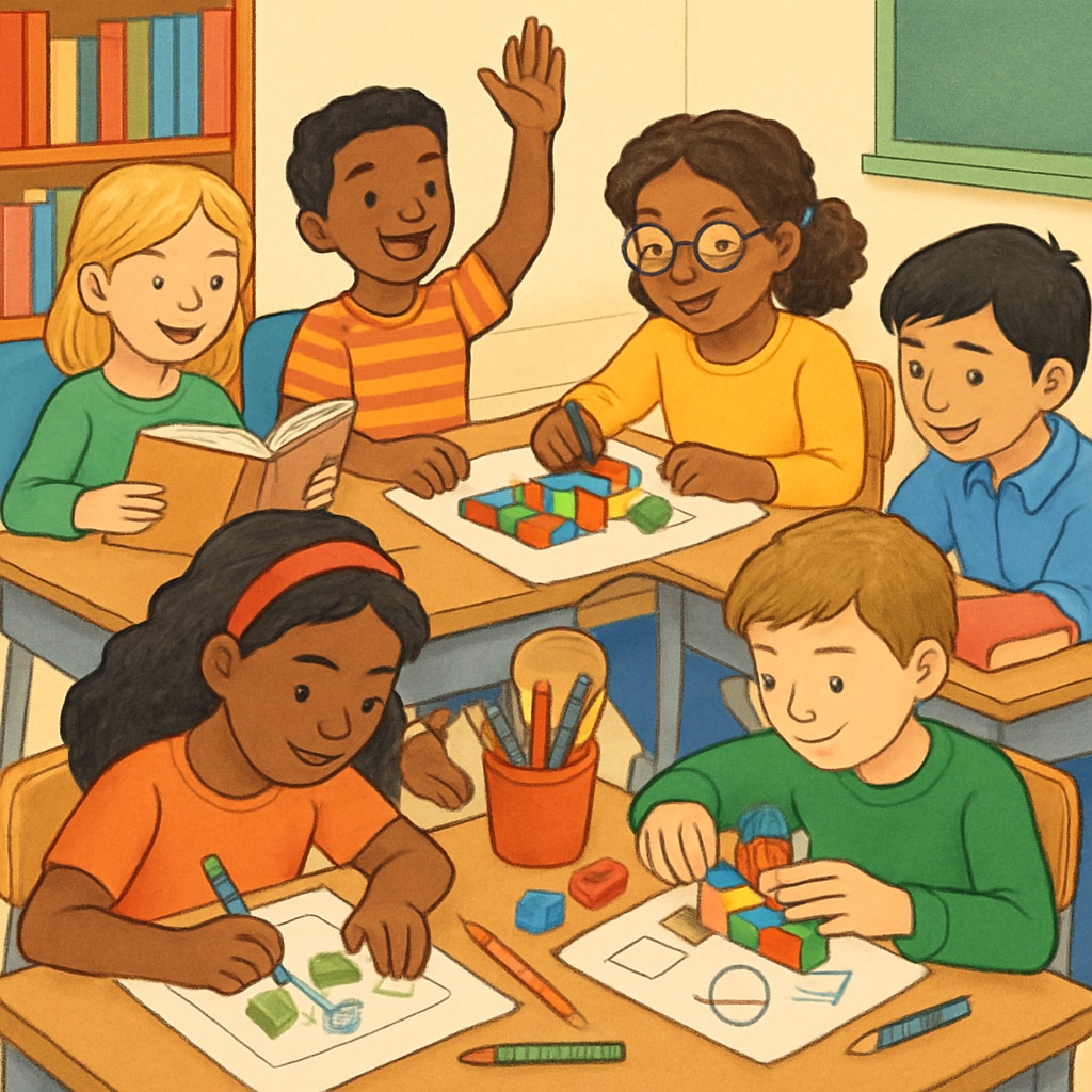 A diverse group of students engaged in creative educational activities, showcasing inclusivity in learning. Creative learning activities highlighting inclusivity in gifted programs and ADHD students.